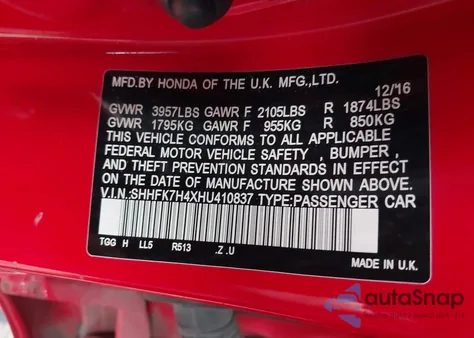 2017 Honda Civic Sport из США, поврежденный, VIN SHHFK7H4XHU410837